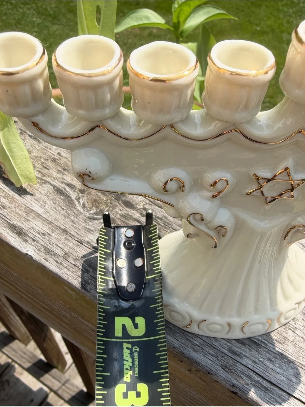 Vintage Crown Accents Porcelain White & Gold Hanukkah Menorah Jewish Holiday